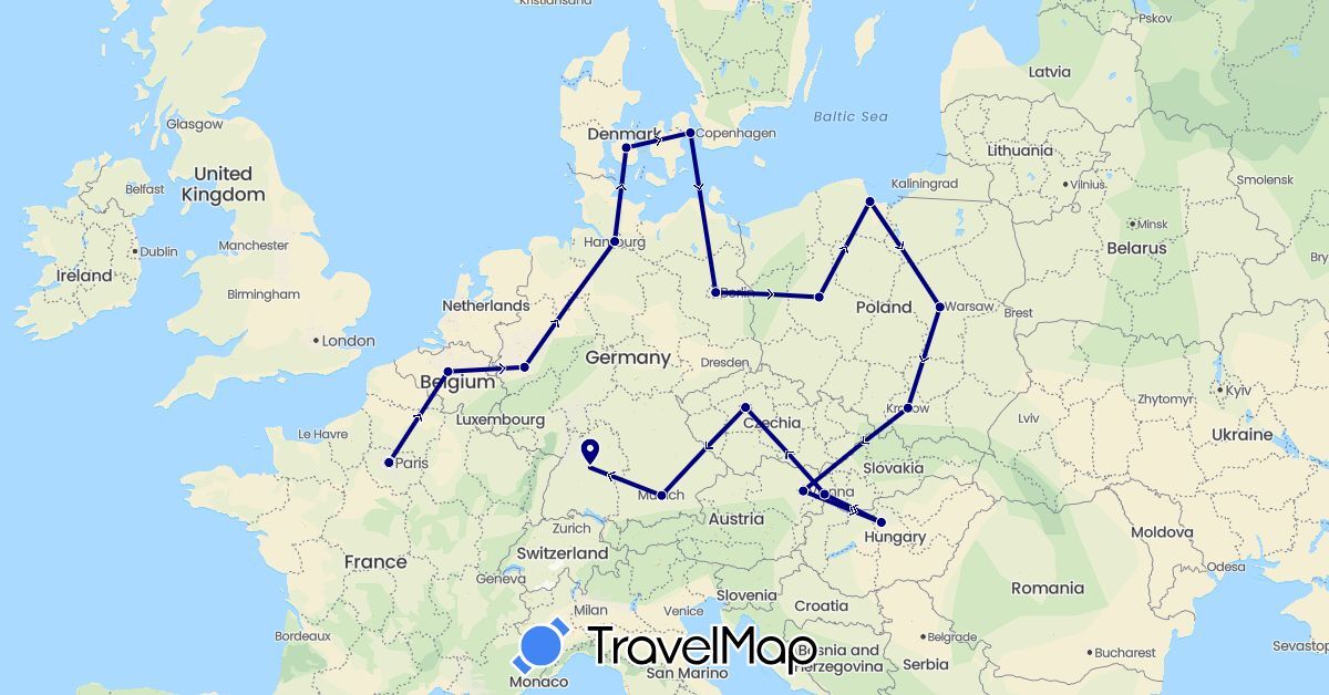 TravelMap itinerary: driving in Austria, Belgium, Czech Republic, Germany, Denmark, France, Hungary, Poland, Slovakia (Europe)