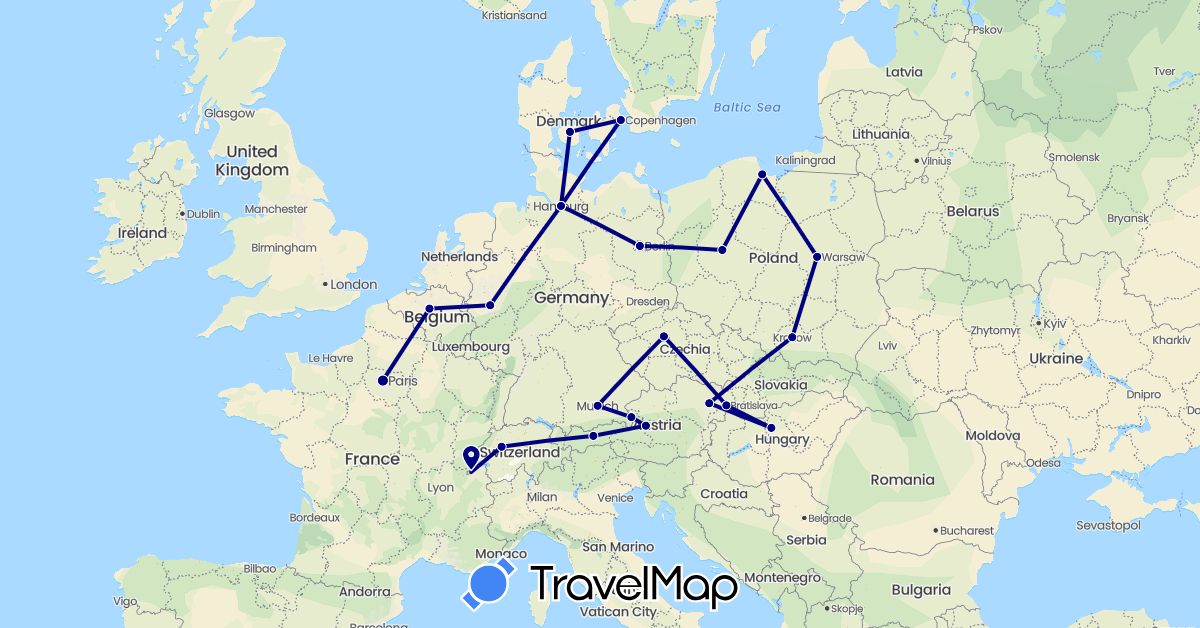 TravelMap itinerary: driving in Austria, Belgium, Switzerland, Czech Republic, Germany, Denmark, France, Hungary, Poland, Slovakia (Europe)